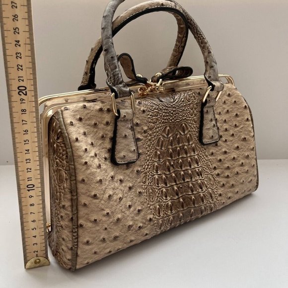 Women's Tan Alligator Skin Leather Top Handle Handbag Purse with Removable Strap - Picture 10 of 15